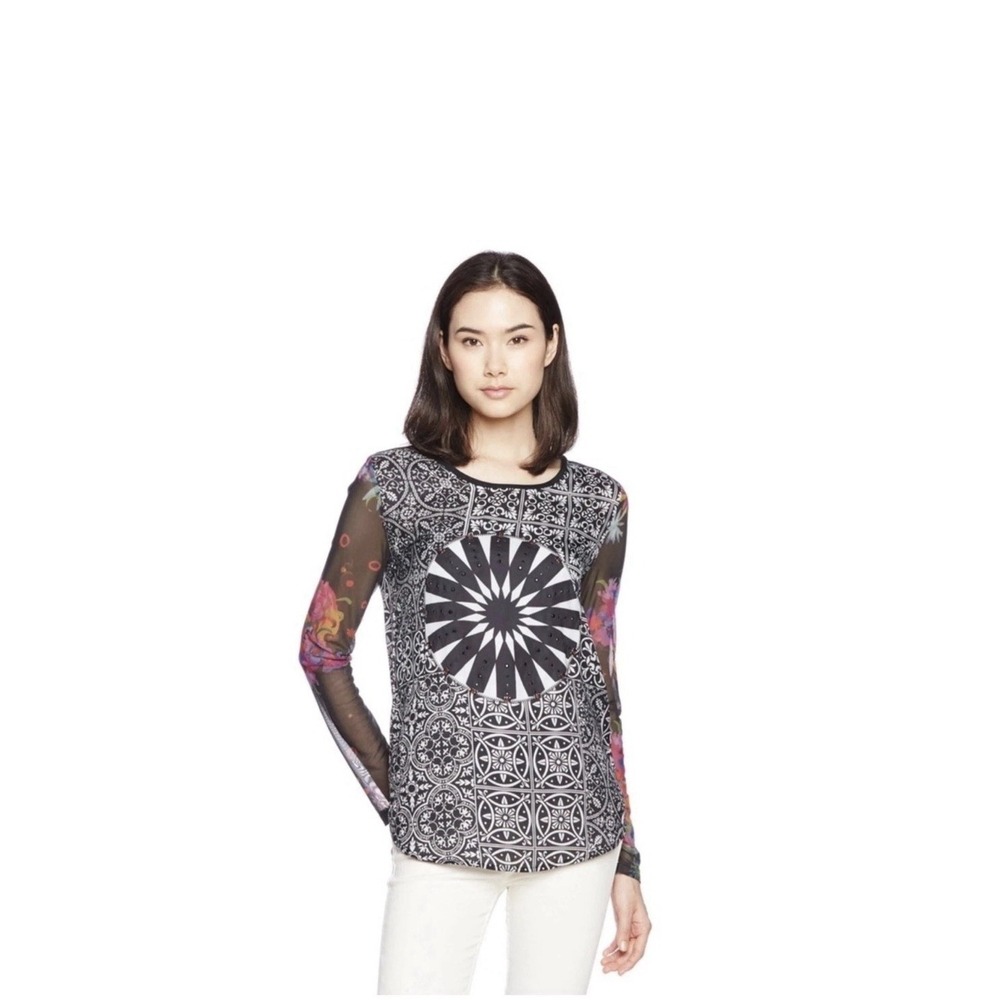 DESIGUAL Womens Artsy Sheer Sleeve Top Size M Black White Casual